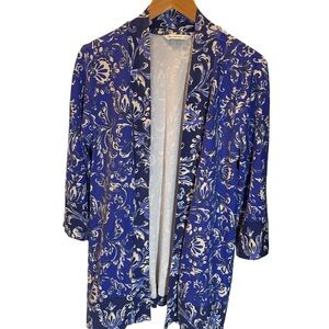 Isaac Mizrahi Live! Royal Blue and White Floral Cardigan Open Front Blazer Sz L